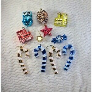 Vintage - Now Lot 9 Christmas Ornaments  Trains Owl Santa Drum Pinecone Candy